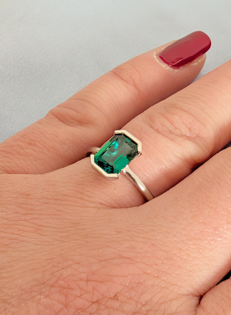 Emerald Ring, Bezel Set Green Lab Emerald Engagement Ring, Platinum 14k/18k Gold May Birthstone Promise Ring, Personalized Bridal Jewelry image #15