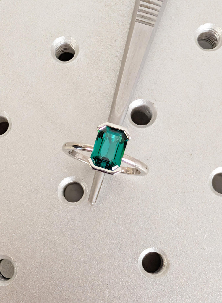 Emerald Ring, Bezel Set Green Lab Emerald Engagement Ring, Platinum 14k/18k Gold May Birthstone Promise Ring, Personalized Bridal Jewelry