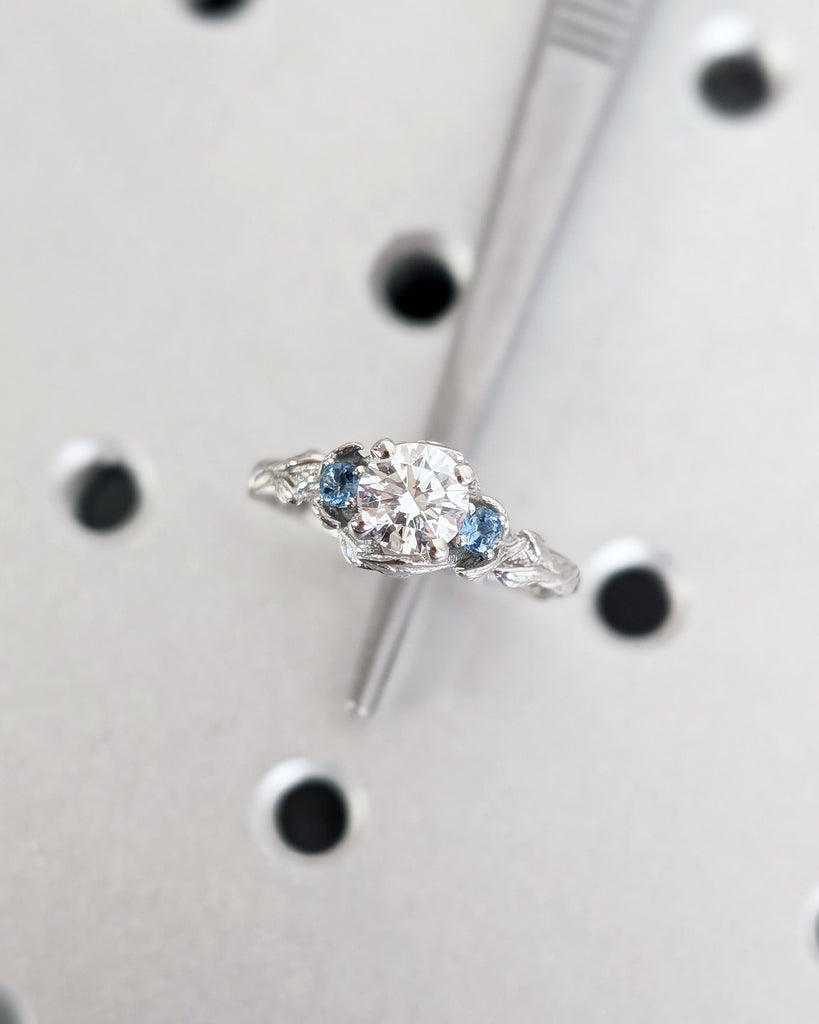 Nature Inspired Lab Diamond Engagement Ring | 14K Gold or Platinum Ring | Diamond and Aquamarine Wedding Anniversary Ring | Floral Leaf Ring image #8