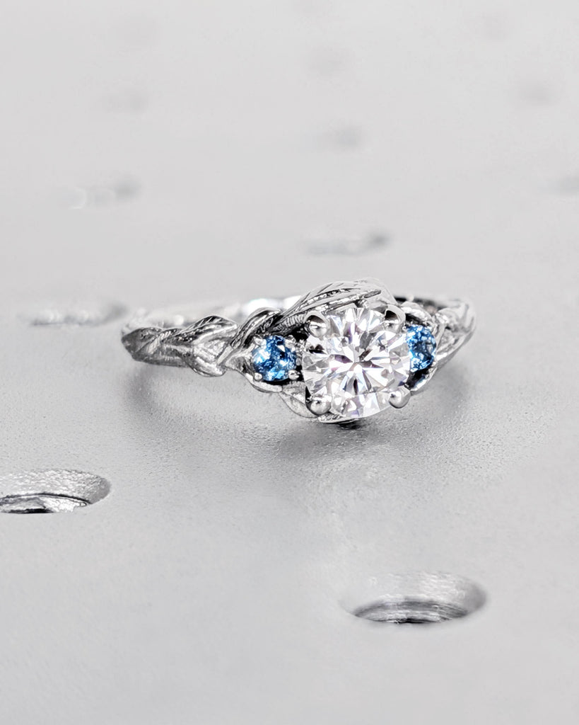Nature Inspired Lab Diamond Engagement Ring | 14K Gold or Platinum Ring | Diamond and Aquamarine Wedding Anniversary Ring | Floral Leaf Ring image #4