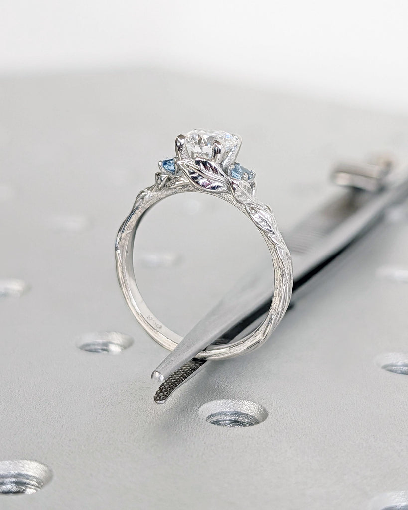 Nature Inspired Lab Diamond Engagement Ring | 14K Gold or Platinum Ring | Diamond and Aquamarine Wedding Anniversary Ring | Floral Leaf Ring