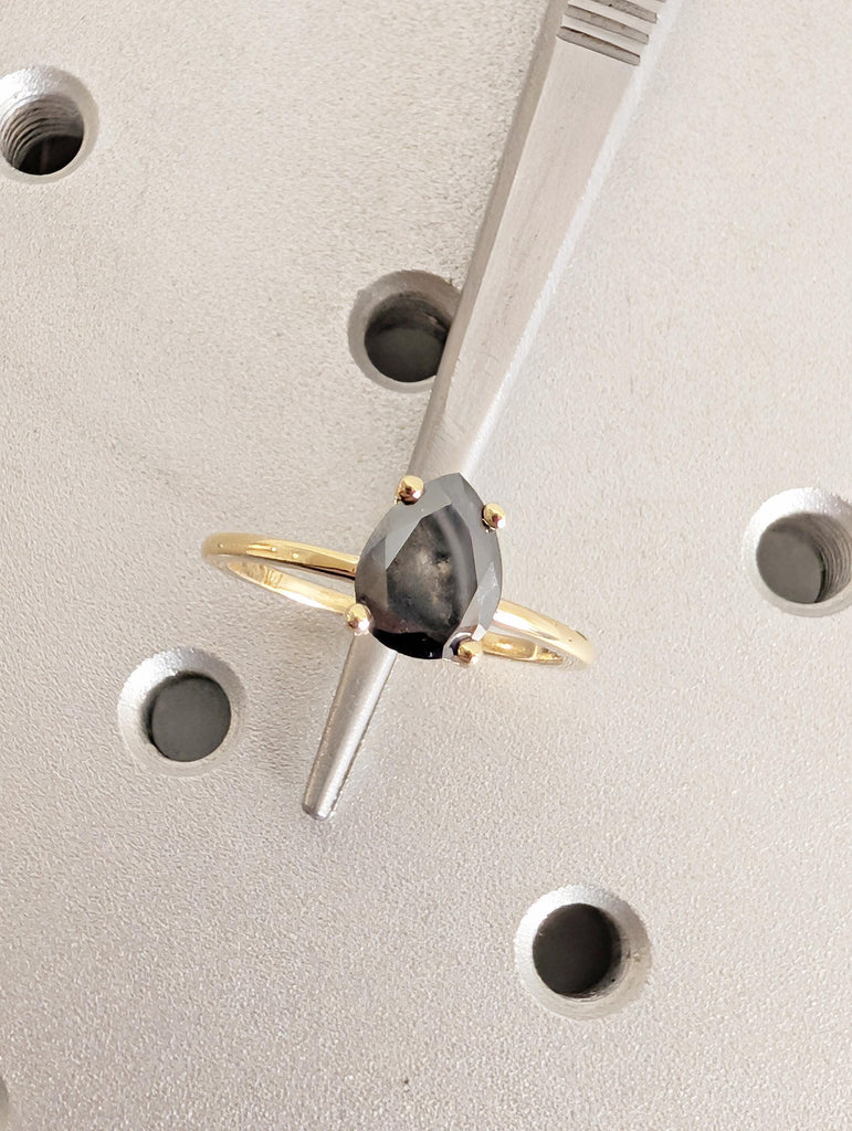 Salt and Pepper Diamond Engagement Ring, Pear Cut 14k Solid Gold Wedding Ring image #8