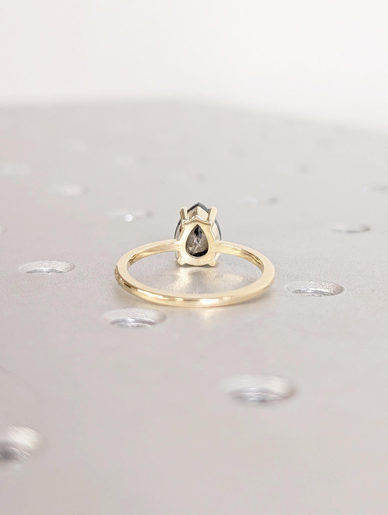 Salt and Pepper Diamond Engagement Ring, Pear Cut 14k Solid Gold Wedding Ring image #4