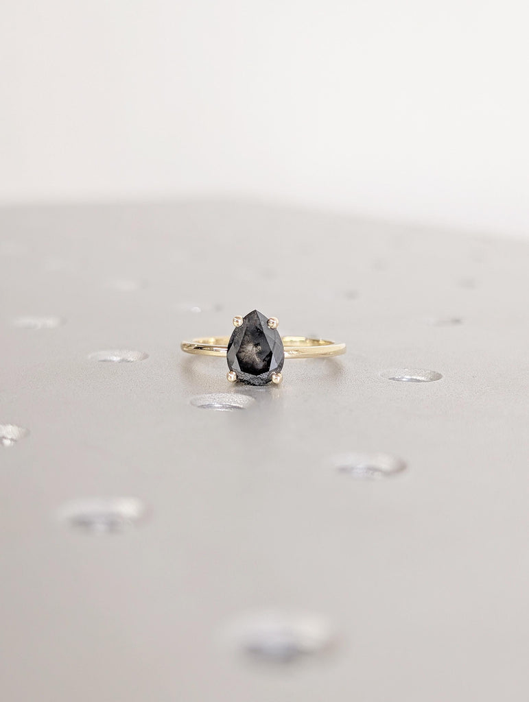 Salt and Pepper Diamond Engagement Ring, Pear Cut 14k Solid Gold Wedding Ring image #12