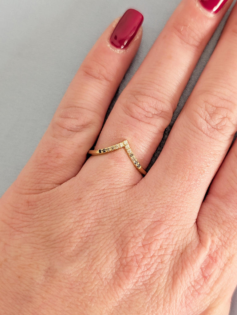14k Yellow Gold Wedding Band Women, Stackable Rings, Chevron Wedding Band, Matching Ring, Ombre Diamond Wedding Band, V Shaped Wedding Band image #5