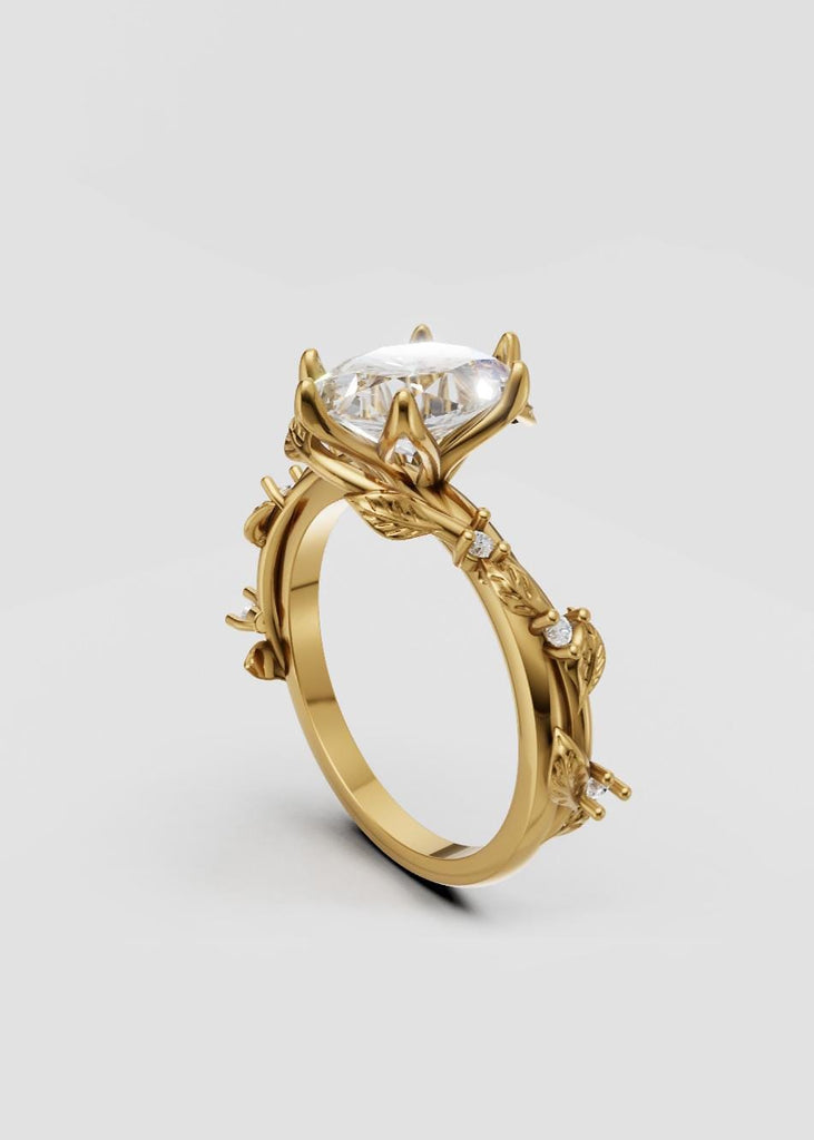 Nature Inspired Oval Cut Lab Grown Diamond Engagement Ring | 14K Yellow Gold Art Deco Ring | Organic Promise Anniversary Ring for Her image #6
