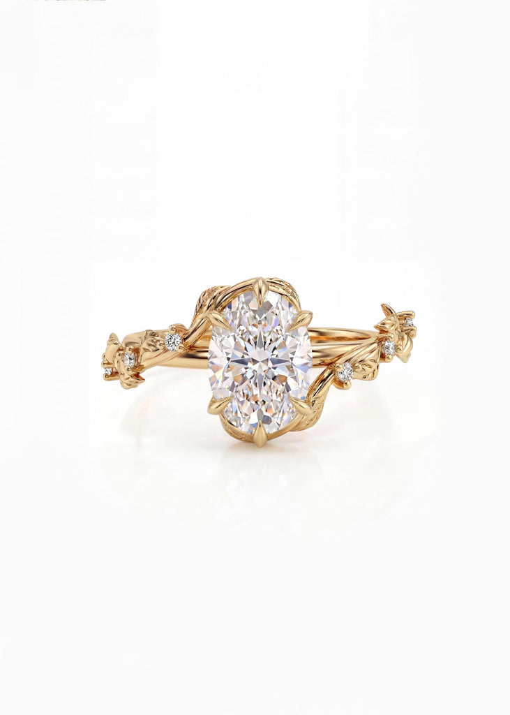 Nature Inspired Oval Cut Lab Grown Diamond Engagement Ring | 14K Yellow Gold Art Deco Ring | Organic Promise Anniversary Ring for Her image #3