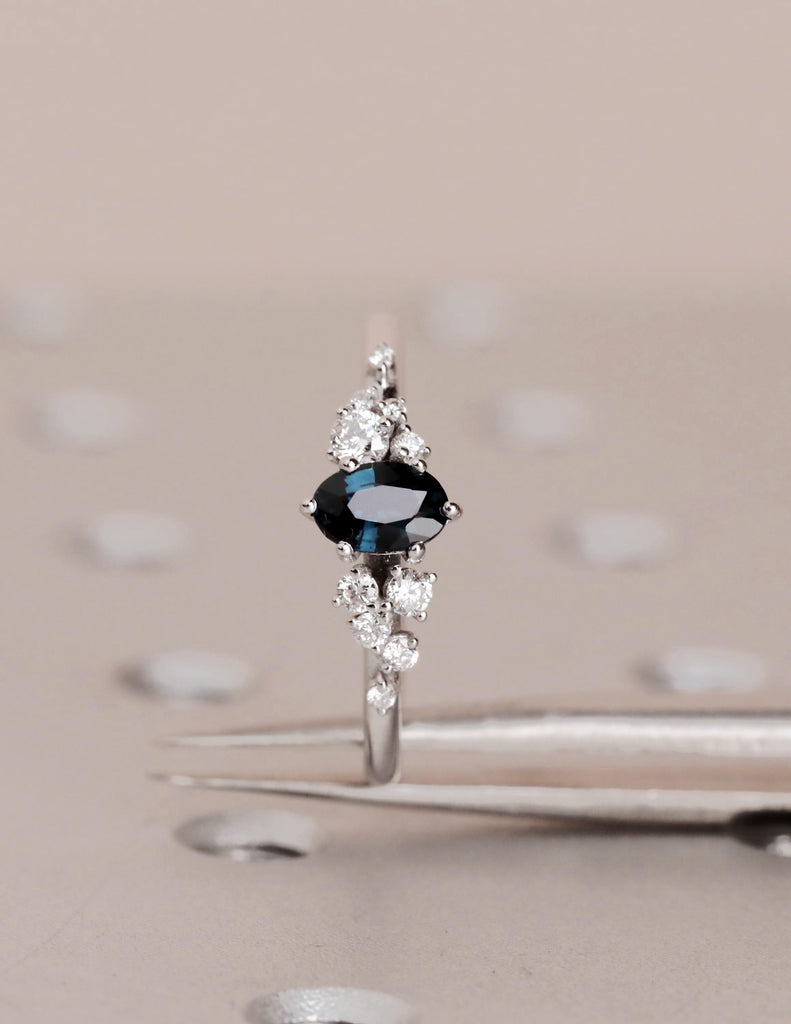 Natural Deep Blue Sapphire Engagement Ring, 14K White Gold Snowdrift Diamond Cluster, September Birthstone, Unique Wedding Ring