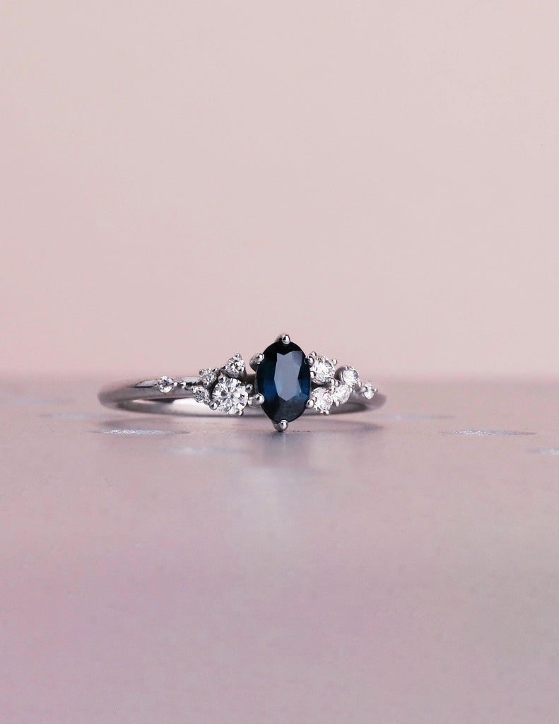 Natural Deep Blue Sapphire Engagement Ring, 14K White Gold Snowdrift Diamond Cluster, September Birthstone, Unique Wedding Ring image #5