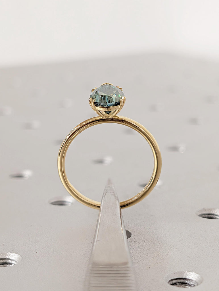 Green Moissanite Ring, Dainty 18k Solid Gold Engagement Ring, Pear Shaped Solitaire Rings, Double Prong Ring, Unique Green Gemstone Ring image #7