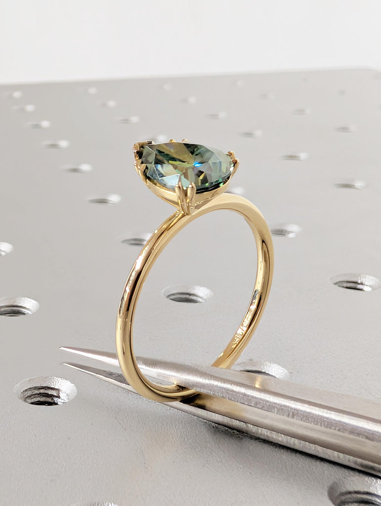 Green Moissanite Ring, Dainty 18k Solid Gold Engagement Ring, Pear Shaped Solitaire Rings, Double Prong Ring, Unique Green Gemstone Ring image #8