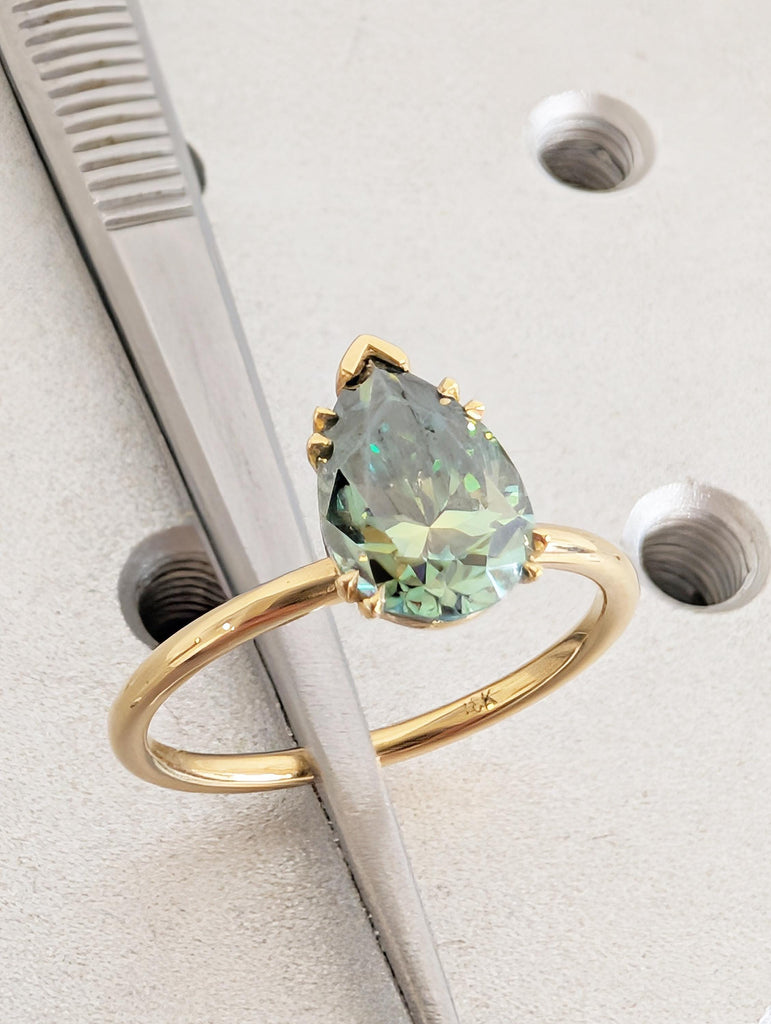 Green Moissanite Ring, Dainty 18k Solid Gold Engagement Ring, Pear Shaped Solitaire Rings, Double Prong Ring, Unique Green Gemstone Ring image #11