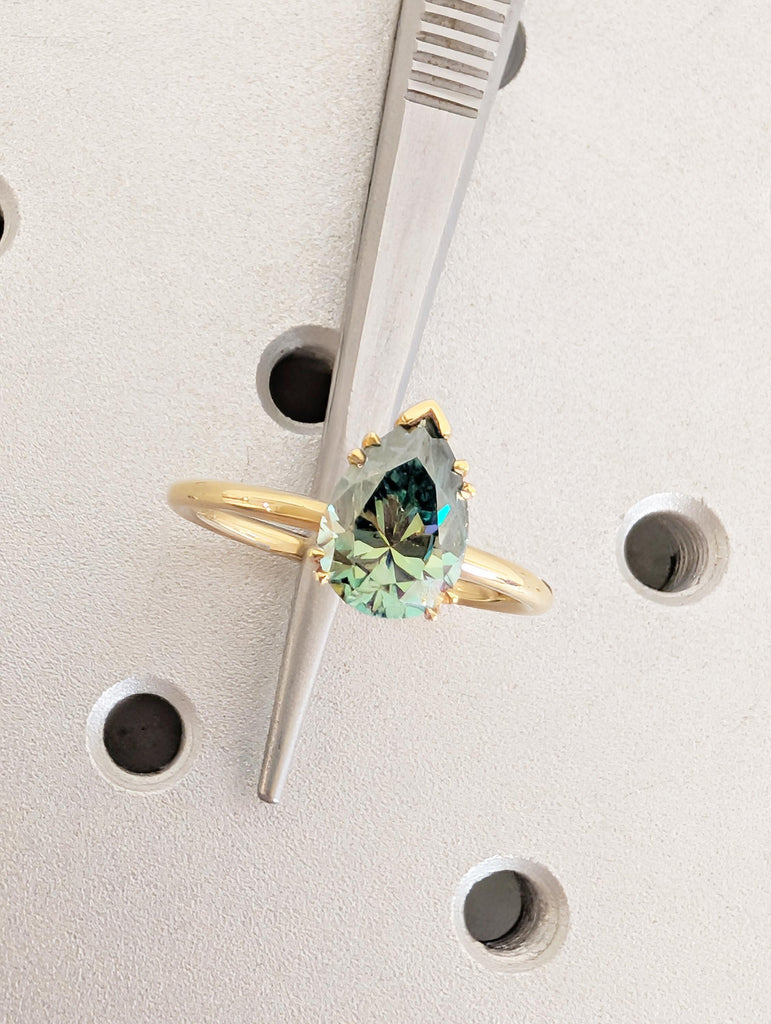 Green Moissanite Ring, Dainty 18k Solid Gold Engagement Ring, Pear Shaped Solitaire Rings, Double Prong Ring, Unique Green Gemstone Ring image #10