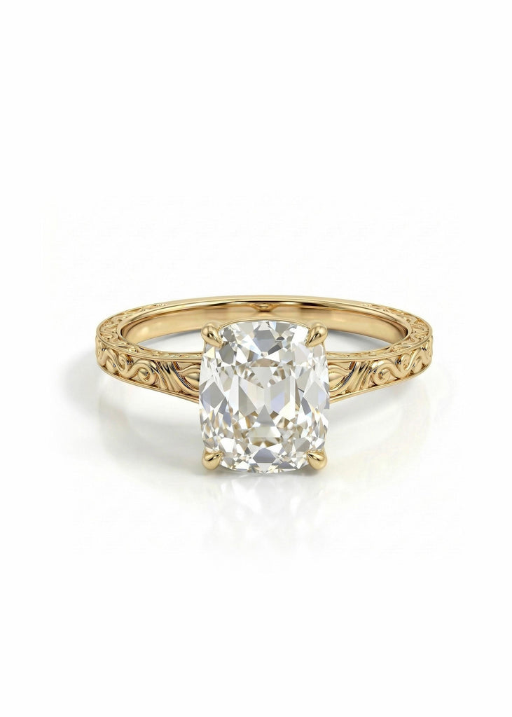 Old Mine cut Moissanite Ring | Elongated Cushion Moissanite Solitaire Engagement Ring | 14k Yellow Gold Filigree Women Wedding Ring