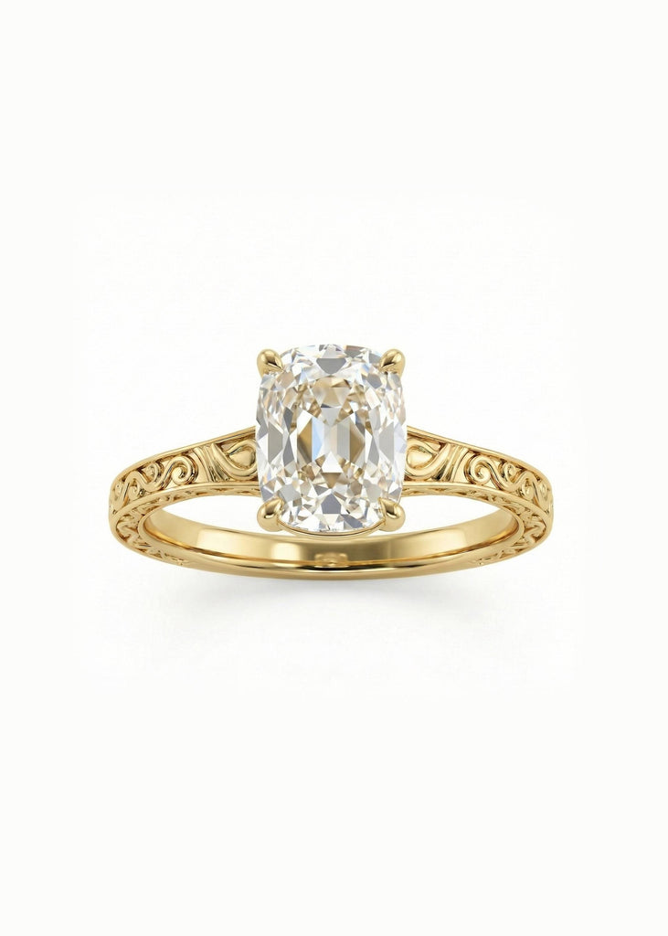 Old Mine cut Moissanite Ring | Elongated Cushion Moissanite Solitaire Engagement Ring | 14k Yellow Gold Filigree Women Wedding Ring