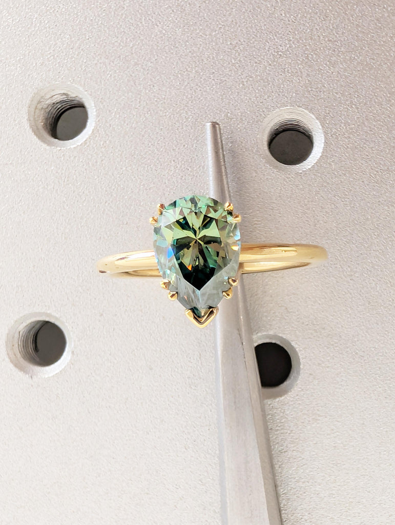 Green Moissanite Ring, Dainty 18k Solid Gold Engagement Ring, Pear Shaped Solitaire Rings, Double Prong Ring, Unique Green Gemstone Ring image #2