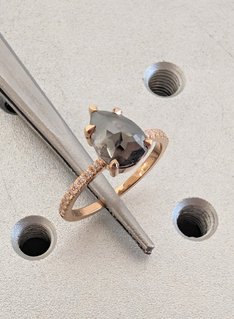 18K Rose Gold Engagement Ring, Pear Cut Salt and Pepper Diamond Ring, Dainty Pave Side Diamond Ring, Promise Ring, Woman's Ring, Custom Ring