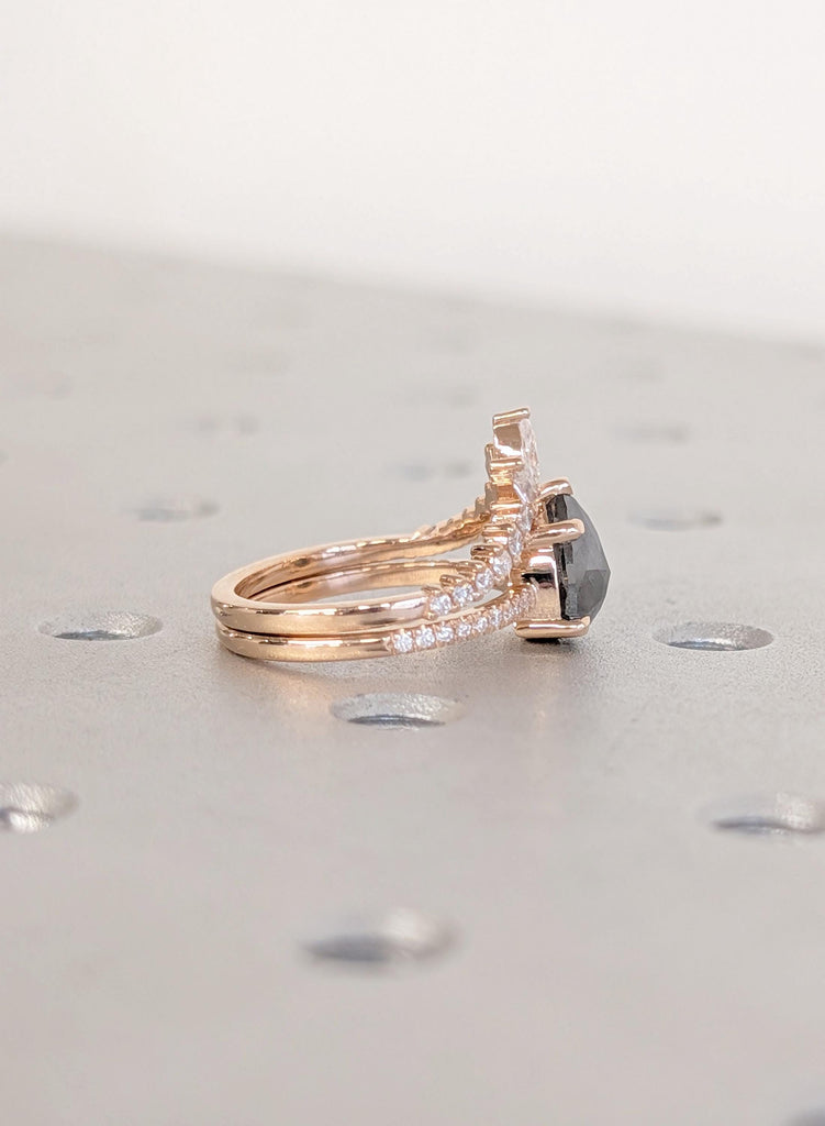 Vintage Salt and Pepper Engagement Ring Set, Pear Cut 18K Rose Gold Diamond Bridal Ring Set, Unique Wedding Ring Sets, Wedding Bridal Sets image #11