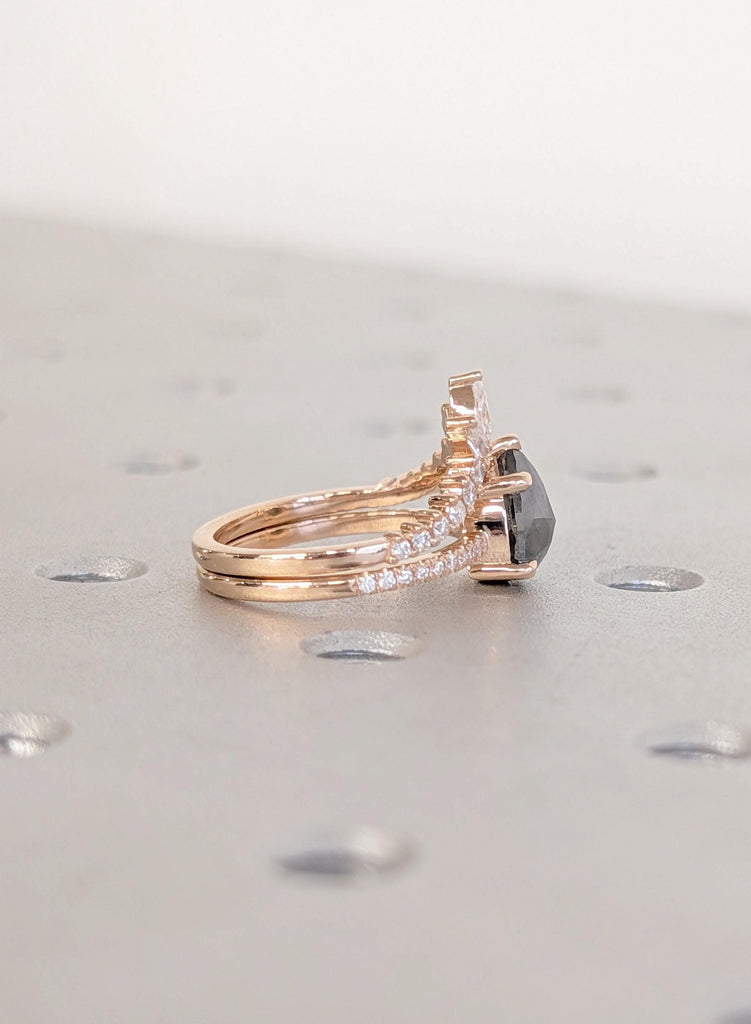 Wedding Ring Set, Vintage 1920's Salt and Pepper Diamond, 18K Rose Gold Promise Ring, Dainty Matching Moissanite Engagement Anniversary Ring image #11