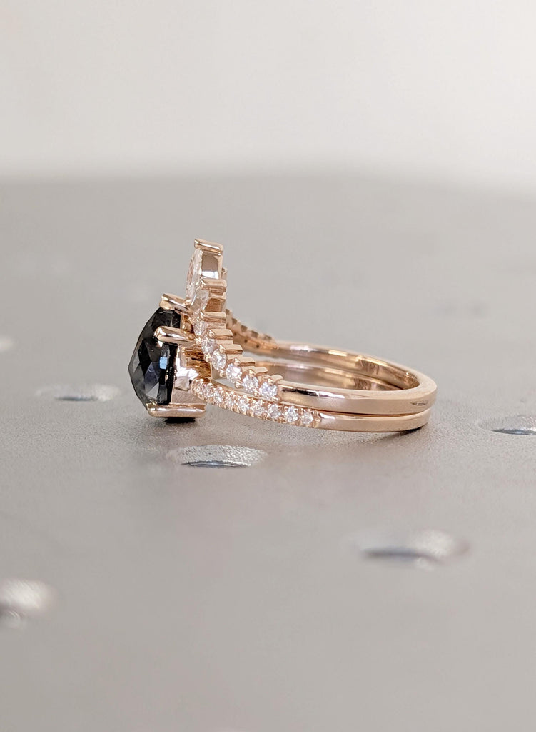 Vintage Salt and Pepper Engagement Ring Set, Pear Cut 18K Rose Gold Diamond Bridal Ring Set, Unique Wedding Ring Sets, Wedding Bridal Sets image #10
