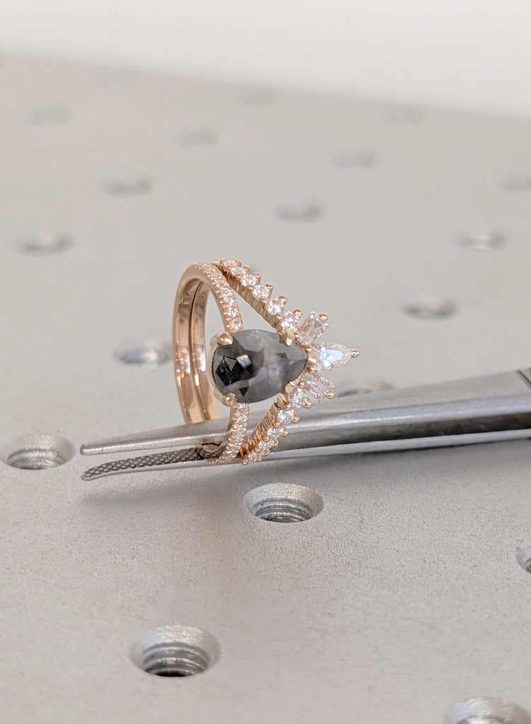 Wedding Ring Set, Vintage 1920's Salt and Pepper Diamond, 18K Rose Gold Promise Ring, Dainty Matching Moissanite Engagement Anniversary Ring image #14