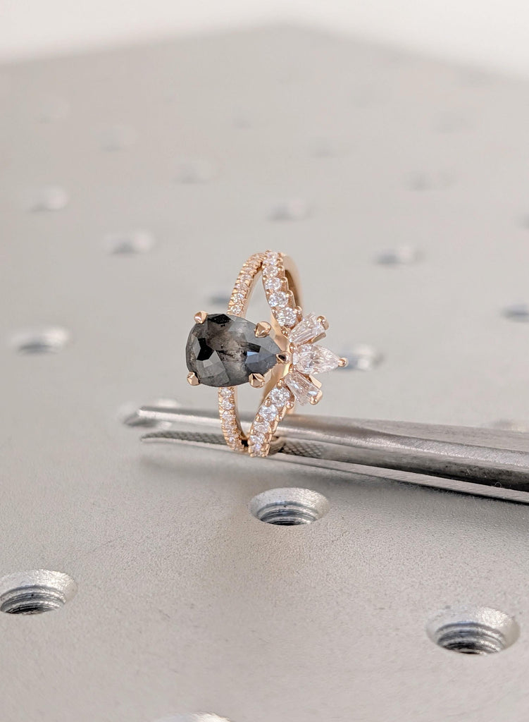 Wedding Ring Set, Vintage 1920's Salt and Pepper Diamond, 18K Rose Gold Promise Ring, Dainty Matching Moissanite Engagement Anniversary Ring image #13