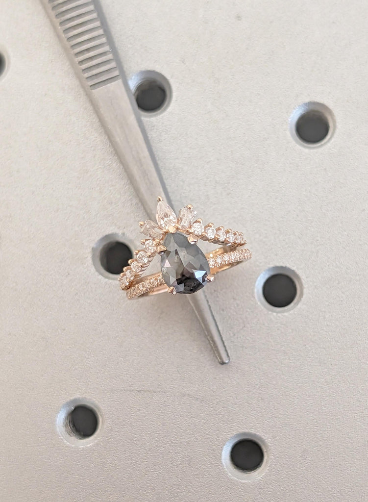 Vintage Salt and Pepper Engagement Ring Set, Pear Cut 18K Rose Gold Diamond Bridal Ring Set, Unique Wedding Ring Sets, Wedding Bridal Sets image #18