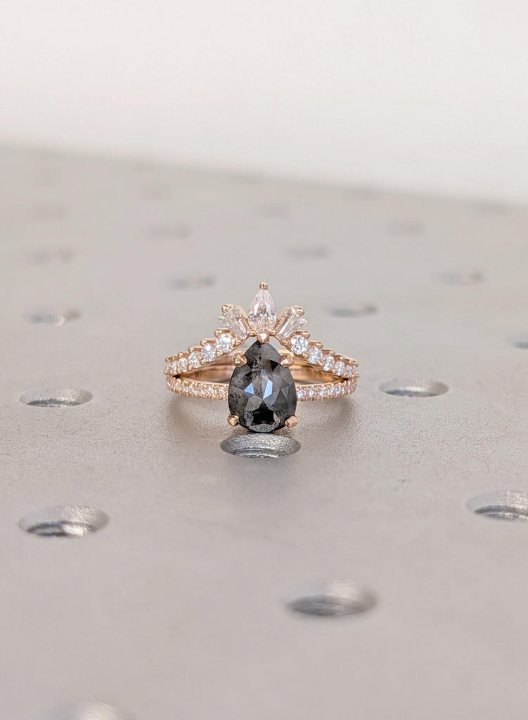 Vintage Salt and Pepper Engagement Ring Set, Pear Cut 18K Rose Gold Diamond Bridal Ring Set, Unique Wedding Ring Sets, Wedding Bridal Sets image #2