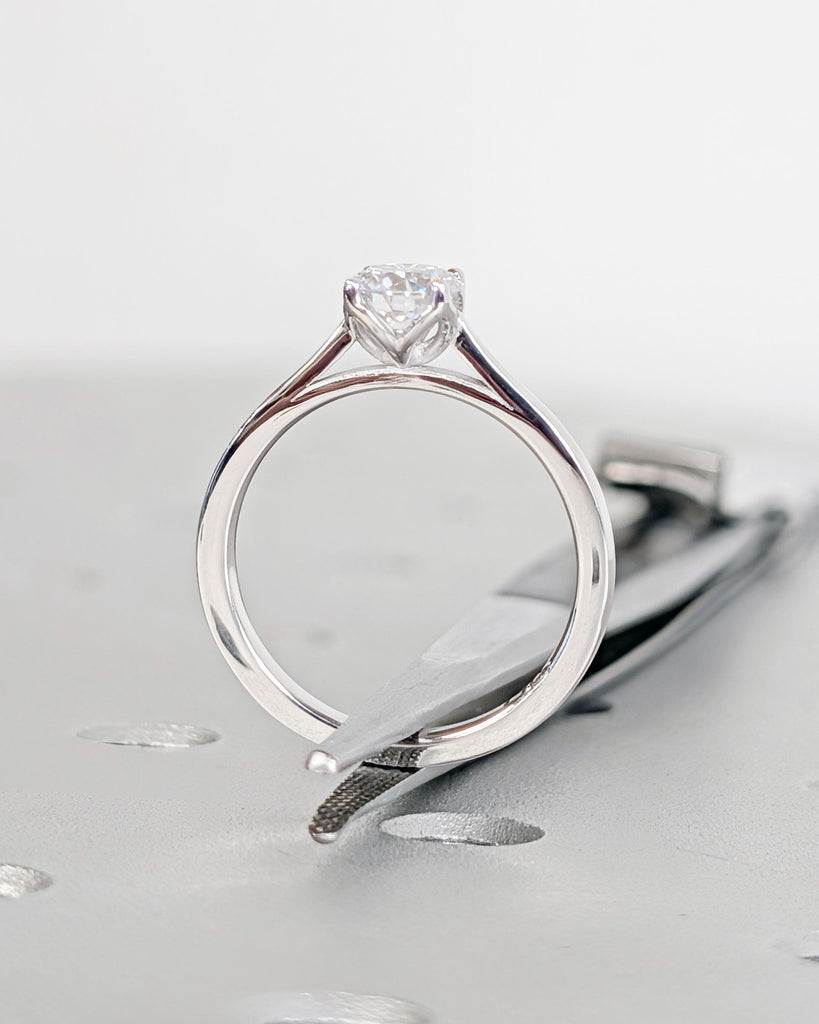 Vintage Tulip Setting Round Moissanite Engagement Ring, 14k White Gold, Solitaire Ring, Tulip Ring, Cathedral Setting Simple Engagement Ring