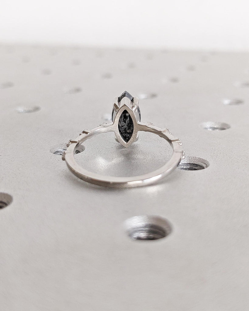 Marquise Salt and Pepper Diamond Wedding Ring | Unique Diamond Wedding Band | Minimalist Diamond Ring | Dainty Ring | Platinum or Solid Gold image #4