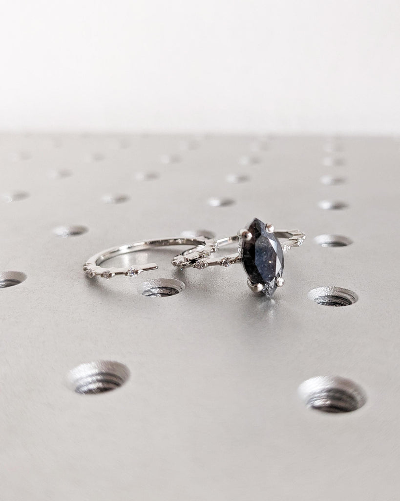 Marquise Salt and Pepper Diamond Wedding Ring | Unique Diamond Wedding Band | Minimalist Diamond Ring | Dainty Ring | Platinum or Solid Gold image #5