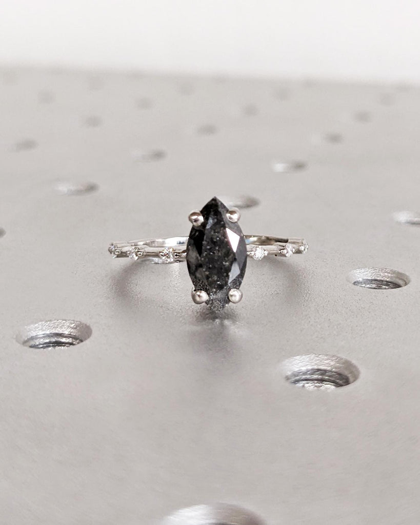 Marquise Salt and Pepper Diamond Wedding Ring | Unique Diamond Wedding Band | Minimalist Diamond Ring | Dainty Ring | Platinum or Solid Gold