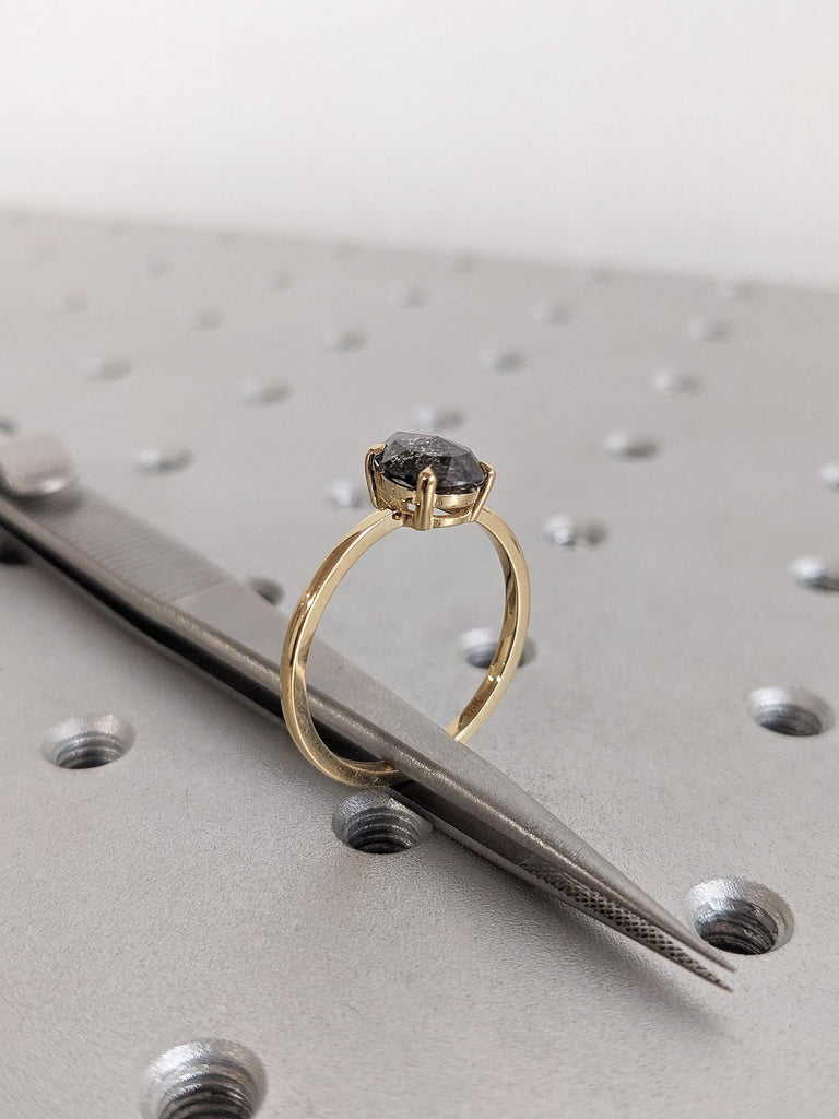 Pear Cut Salt and Pepper Diamond Ring, 18K Gold Talon Prong Wedding Band, Unique Alternative Wedding Ring image #8