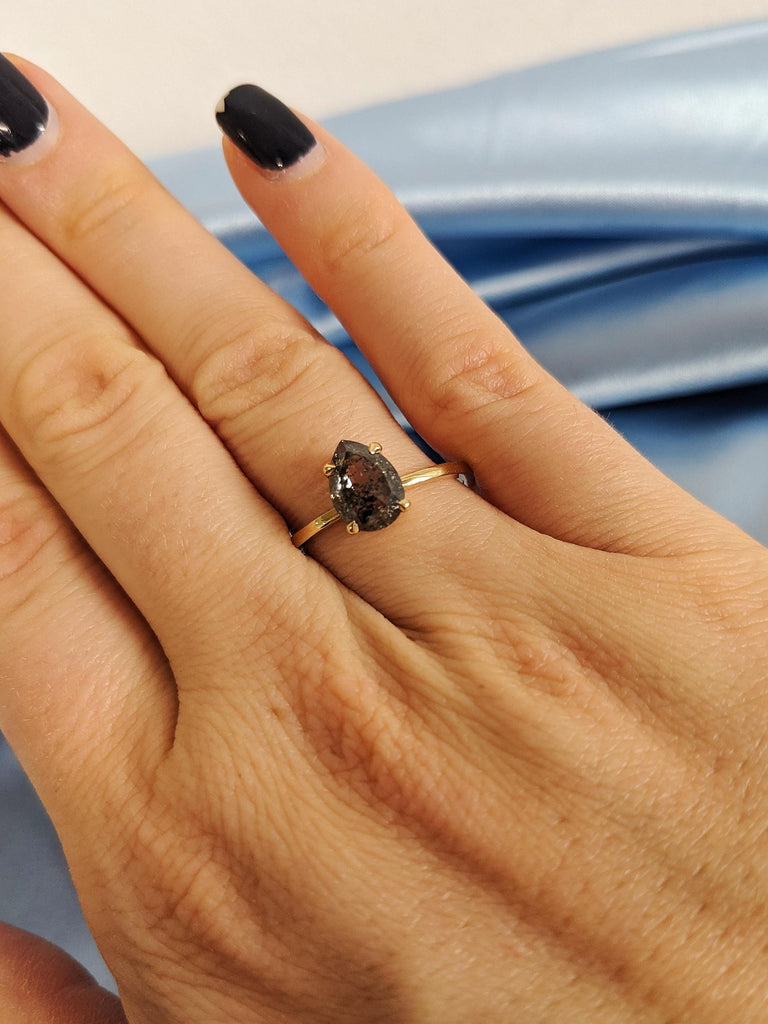 Pear Cut Salt and Pepper Diamond Ring, 18K Gold Talon Prong Wedding Band, Unique Alternative Wedding Ring image #3
