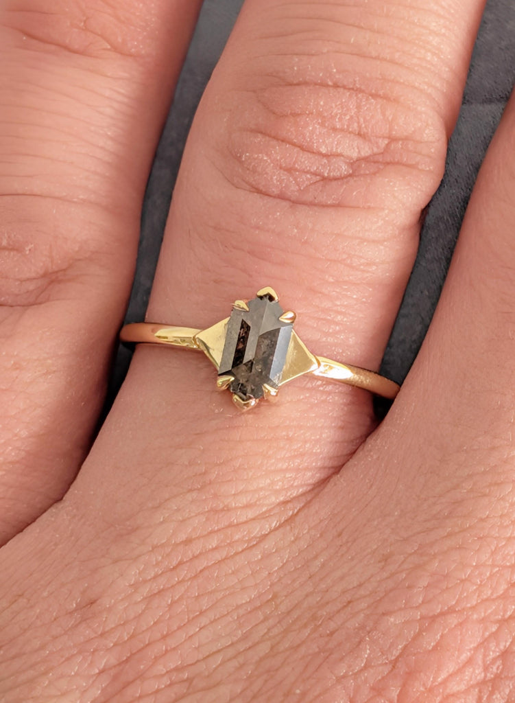 Hexagon Cut Salt and Pepper Diamond Ring, 14K Yellow Gold Engagement Rings, Talon Prong Setting, Gold Wedding Rings, Promise Ring For Her image #9