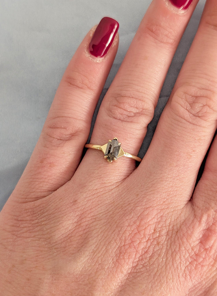 Hexagon Cut Salt and Pepper Diamond Ring, 14K Yellow Gold Engagement Rings, Talon Prong Setting, Gold Wedding Rings, Promise Ring For Her image #8