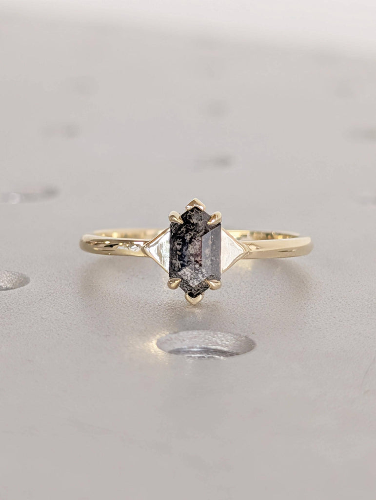 Hexagon Cut Salt and Pepper Diamond Ring, 14K Yellow Gold Engagement Rings, Talon Prong Setting, Gold Wedding Rings, Promise Ring For Her image #2