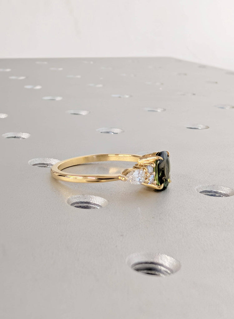 18K Yellow Gold Oval Teal Sapphire Engagement Ring with Diamond Cluster image #8