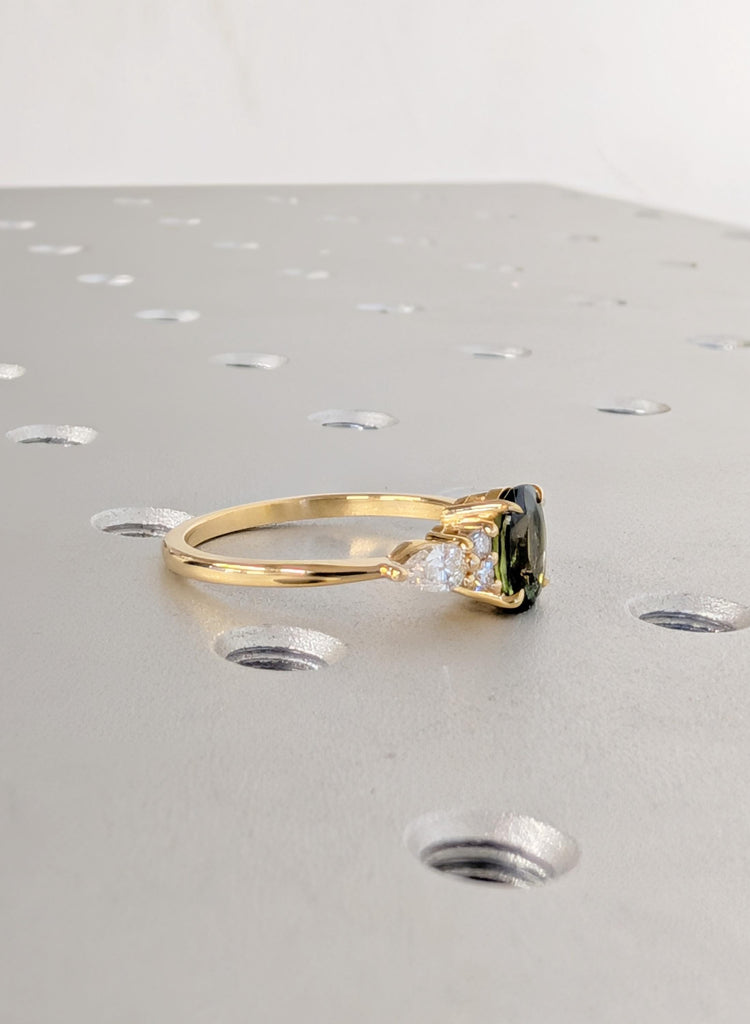 Blue Green Sapphire 18K Yellow Gold Engagement Ring, Oval Teal Sapphire Ring in Solid Gold, Diamond Cluster Art Deco Ring, Gold Wedding Ring image #8