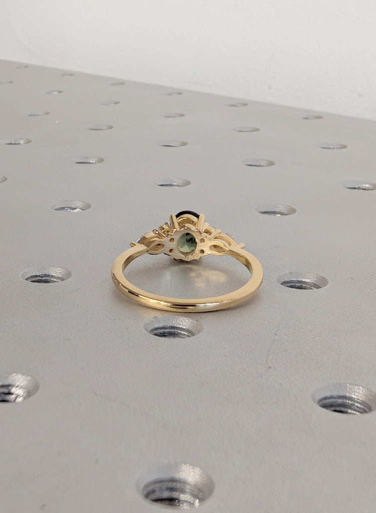 18K Yellow Gold Oval Teal Sapphire Engagement Ring with Diamond Cluster image #9