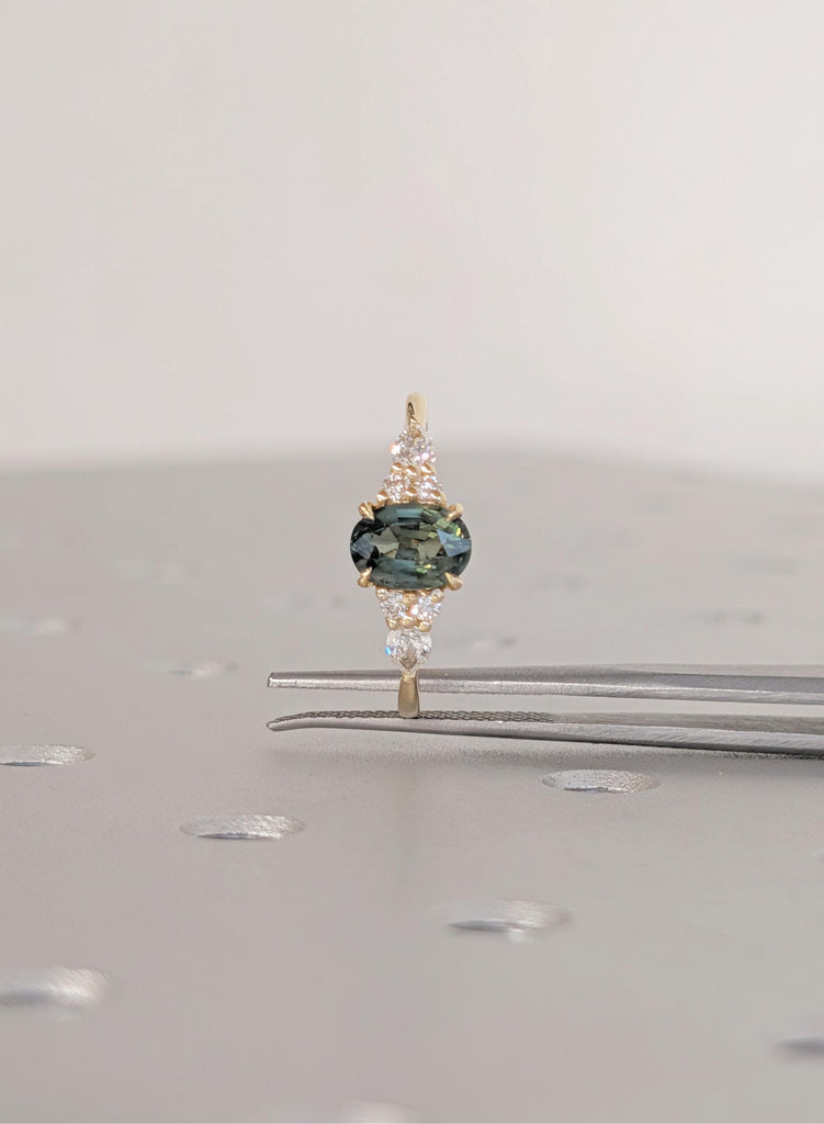 Blue Green Sapphire 18K Yellow Gold Engagement Ring, Oval Teal Sapphire Ring in Solid Gold, Diamond Cluster Art Deco Ring, Gold Wedding Ring image #11