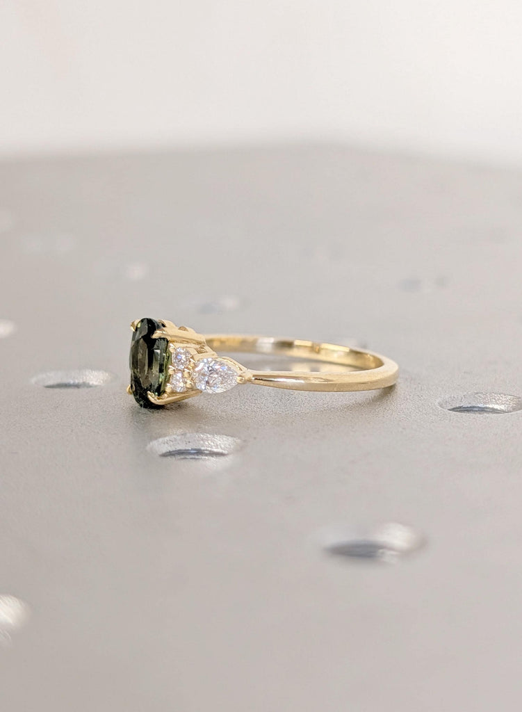 18K Yellow Gold Oval Teal Sapphire Engagement Ring with Diamond Cluster image #10