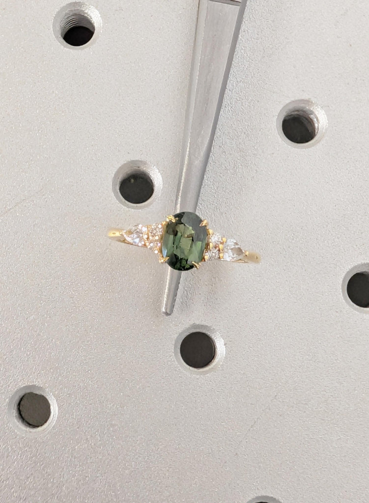 18K Yellow Gold Oval Teal Sapphire Engagement Ring with Diamond Cluster image #14