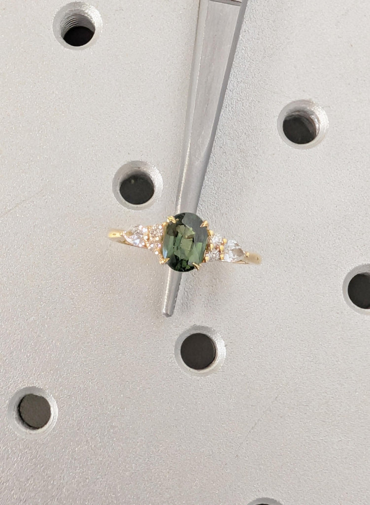 Blue Green Sapphire 18K Yellow Gold Engagement Ring, Oval Teal Sapphire Ring in Solid Gold, Diamond Cluster Art Deco Ring, Gold Wedding Ring image #14