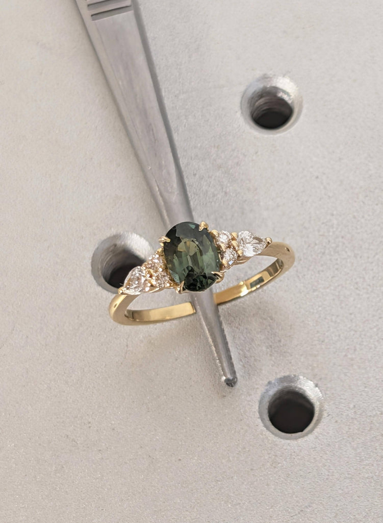 18K Yellow Gold Oval Teal Sapphire Engagement Ring with Diamond Cluster image #3