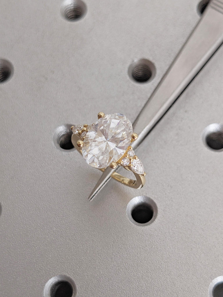 Art Deco 18k Solid Gold Wedding Statement Rings, Oval Cut Lab Diamond Engagement Ring image #11