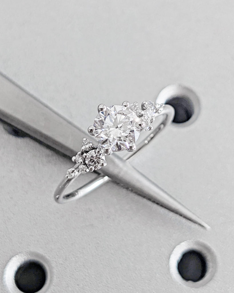 Round Cut Lab Diamond Ring, Vintage Diamond Engagement Ring, CVD Diamond, White Gold Unique Snowdrift Engagement Ring, Art Deco Wedding Ring