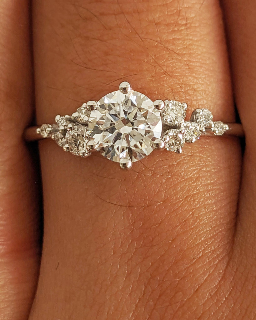 Unique Snowdrift Cluster Promise Ring: Round cut Moissanite, 14K White Gold, Art Deco Wedding Ring