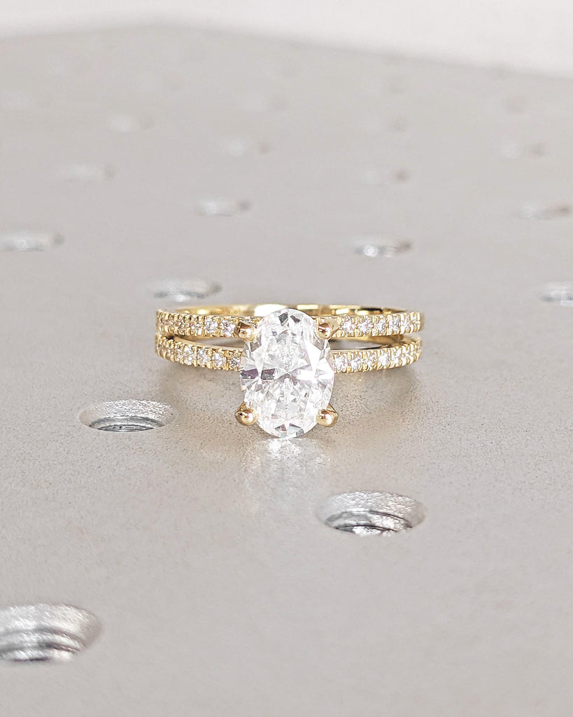 Oval Moissanite Engagement Ring Set | Vintage Yellow Gold Bridal Set | Art Deco Wedding Ring Set | Diamond Bridal Set | Promise Ring for Her
