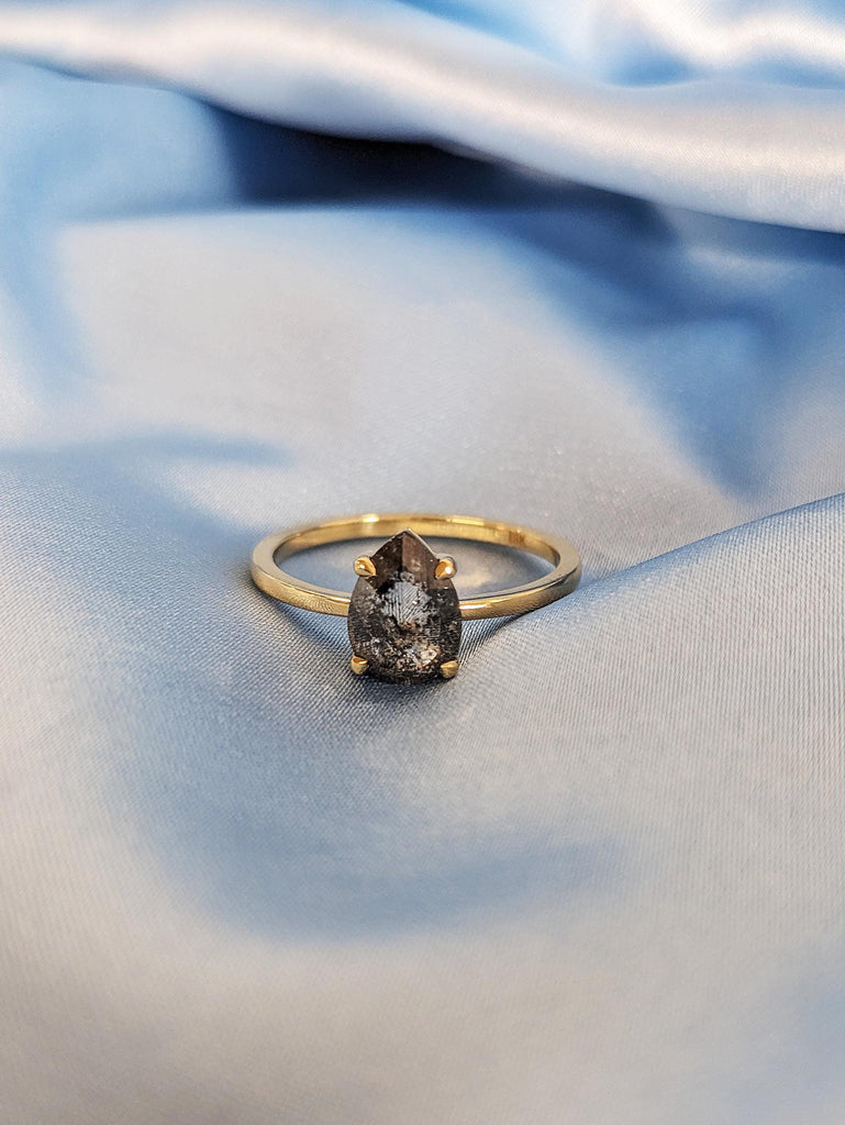 Pear Cut Salt and Pepper Diamond Ring, 18K Gold Talon Prong Wedding Band, Unique Alternative Wedding Ring